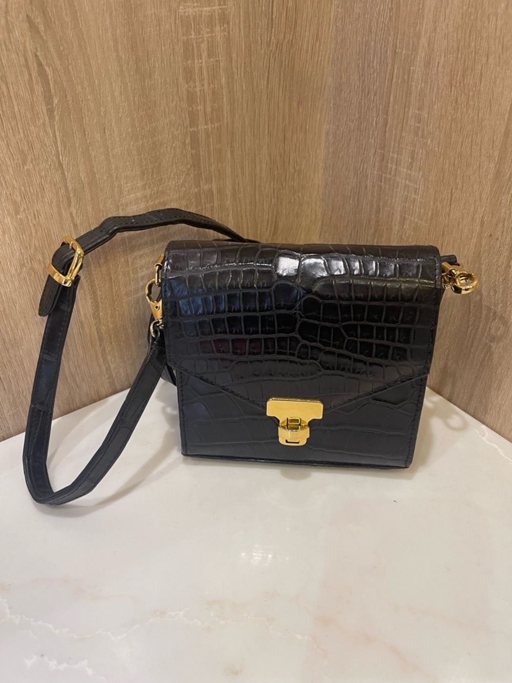 Black Croc-Embossed Leather Crossbody Bag with Gold Hardware